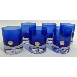 Set of Six Cobalt Blue BLOCK Crystal Bubble Bottom Whiskey Cocktail Glassware